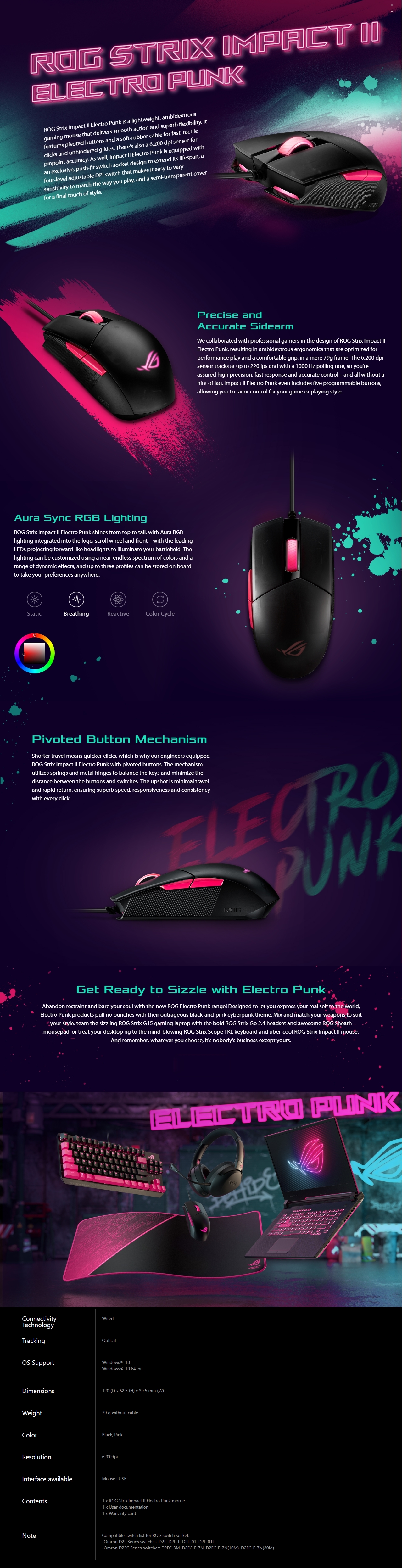 A large marketing image providing additional information about the product ASUS ROG STRIX Impact II Ambidextrous Lightweight Gaming Mouse - Electro Punk - Additional alt info not provided