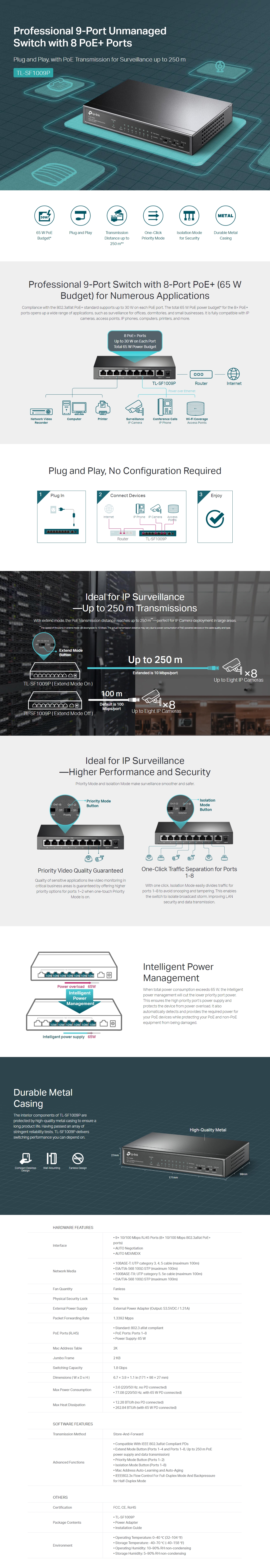 A large marketing image providing additional information about the product TP-Link SF1009P - 9-Port 10/100Mbps Desktop Switch with 8-Port PoE+ - Additional alt info not provided