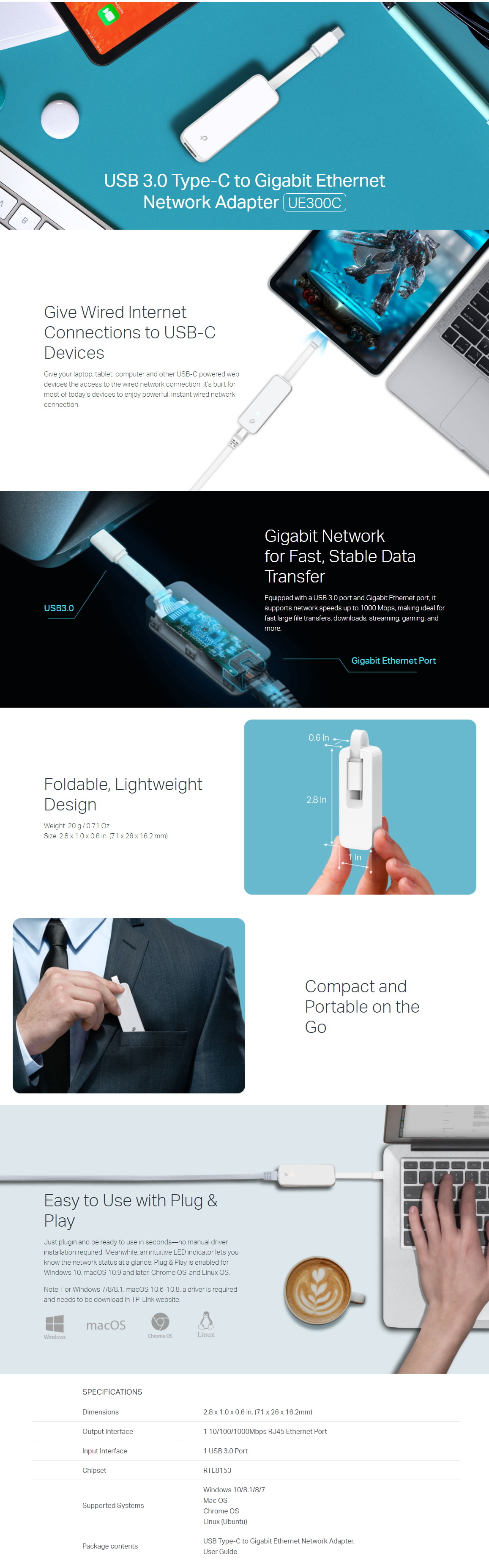 A large marketing image providing additional information about the product TP-Link UE300C - USB Type-C to Gigabit Ethernet Network Adapter - Additional alt info not provided