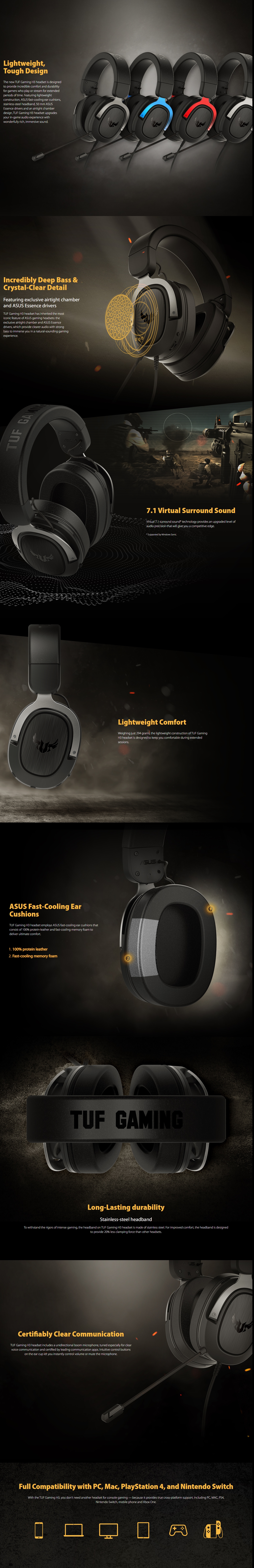 A large marketing image providing additional information about the product ASUS TUF H3 Gaming Headset - Silver - Additional alt info not provided