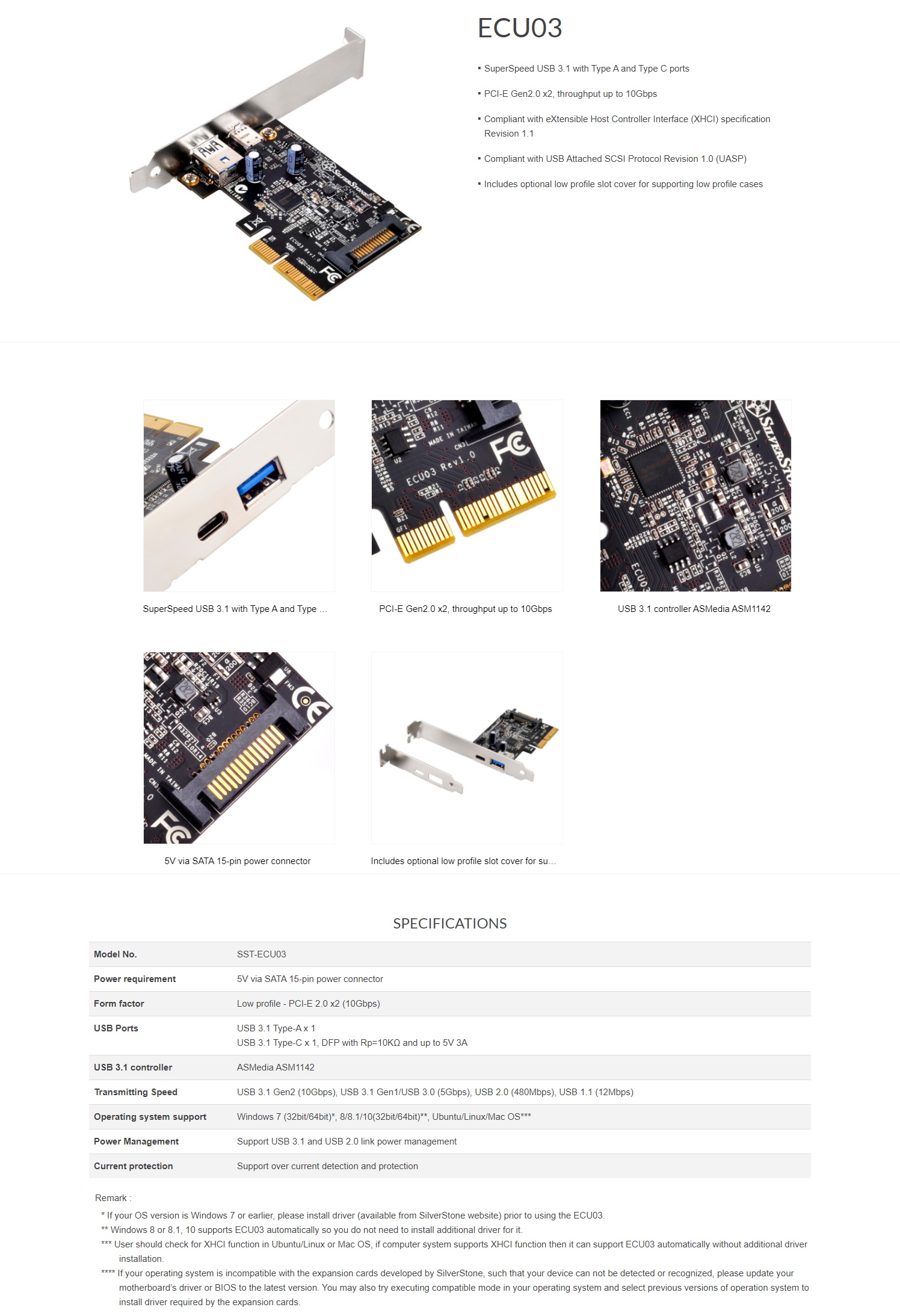 A large marketing image providing additional information about the product SilverStone ECU03 USB3.1 PCIe Controller Card with 1x USB Type-A and 1x USB Type-C Port - Additional alt info not provided