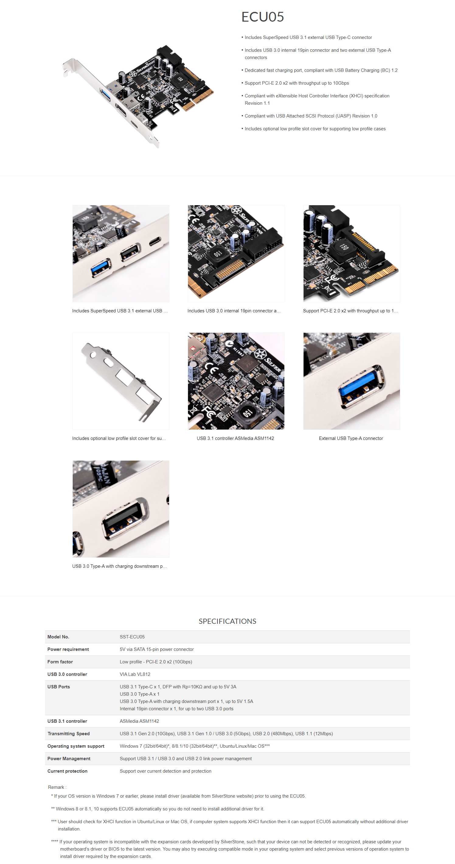 A large marketing image providing additional information about the product SilverStone ECU05 USB3.1 PCIe Controller Card with 2x USB Type-A and 1x USB Type-C Ports - Additional alt info not provided
