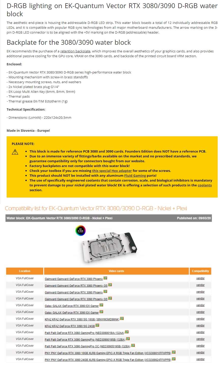 A large marketing image providing additional information about the product EK Quantum Vector RTX 3080/3090 D-RGB - Nickel + Plexi - Additional alt info not provided