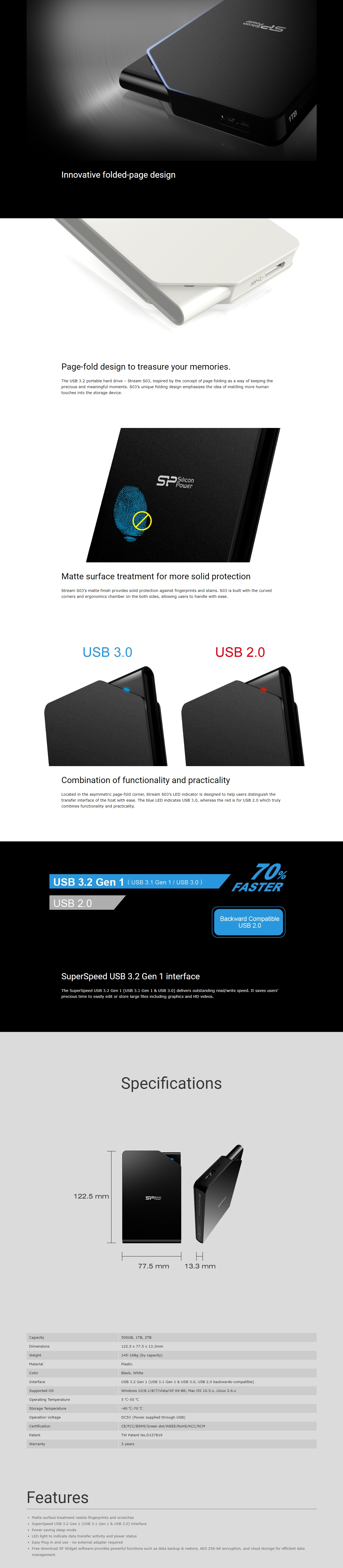 A large marketing image providing additional information about the product Silicon Power Stream S03 2TB USB 3.2 Gen 1 External Hard Drive - Black - Additional alt info not provided