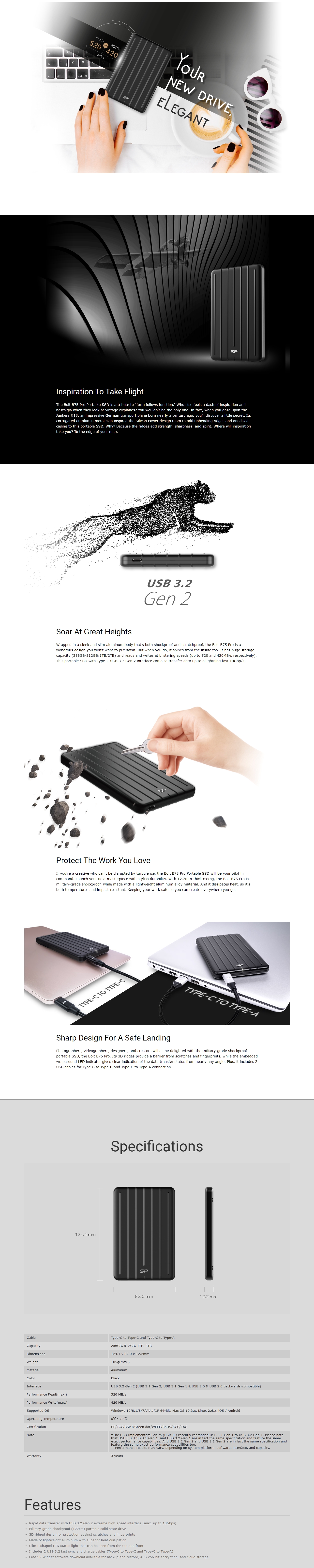 A large marketing image providing additional information about the product Silicon Power Bolt B75 Pro 512GB Portable SSD - Additional alt info not provided