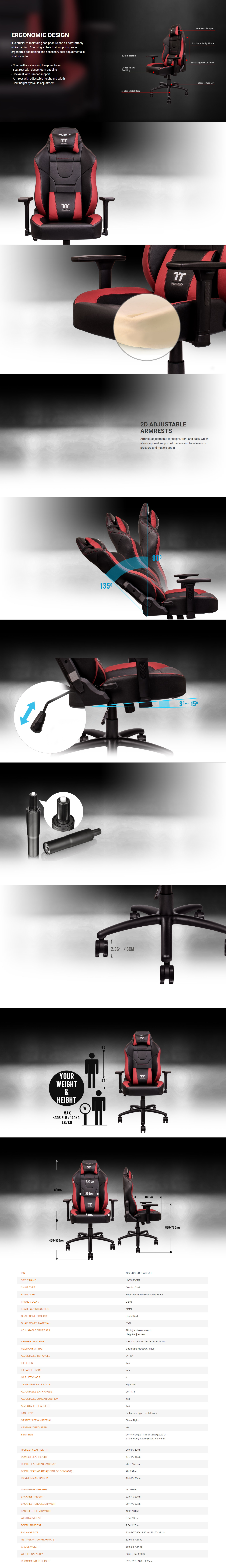 A large marketing image providing additional information about the product Thermaltake Gaming U Comfort Gaming Chair - Black & Red - Additional alt info not provided