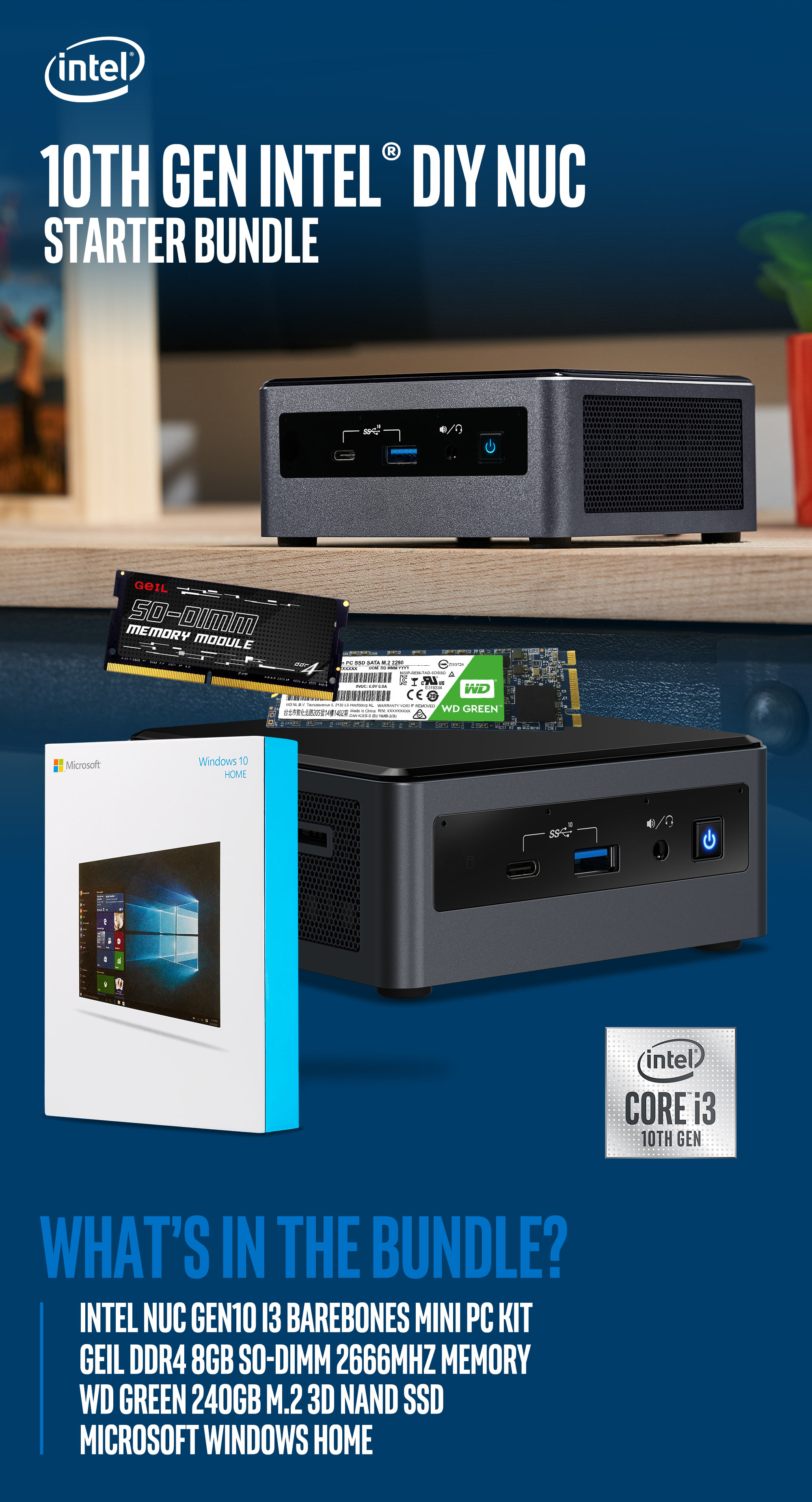 A large marketing image providing additional information about the product Intel 10th Gen i3 NUC DIY Starter Bundle - Additional alt info not provided