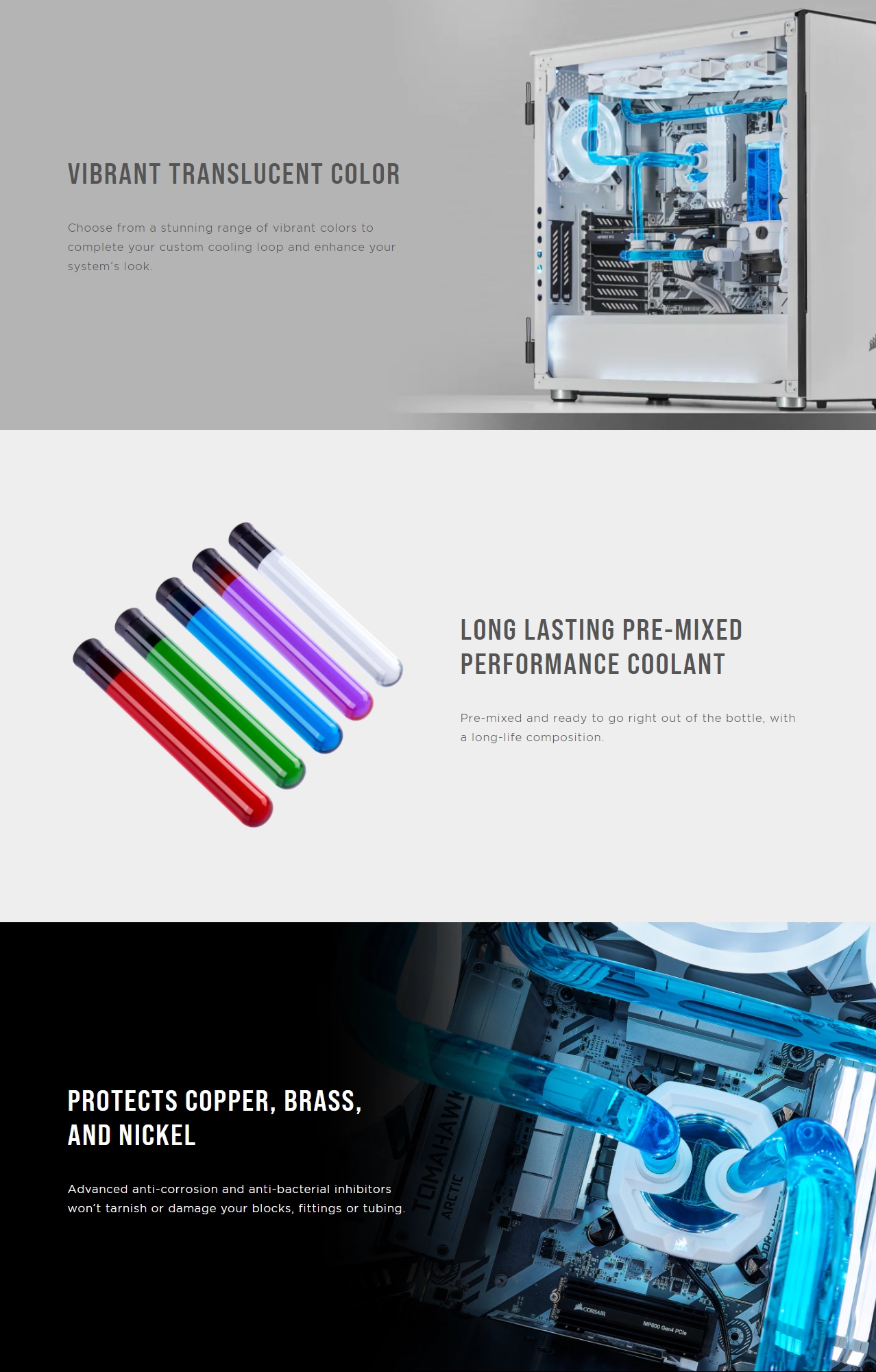 A large marketing image providing additional information about the product Corsair Hydro X Series XL8 Performance Coolant 1L —  Blue - Additional alt info not provided