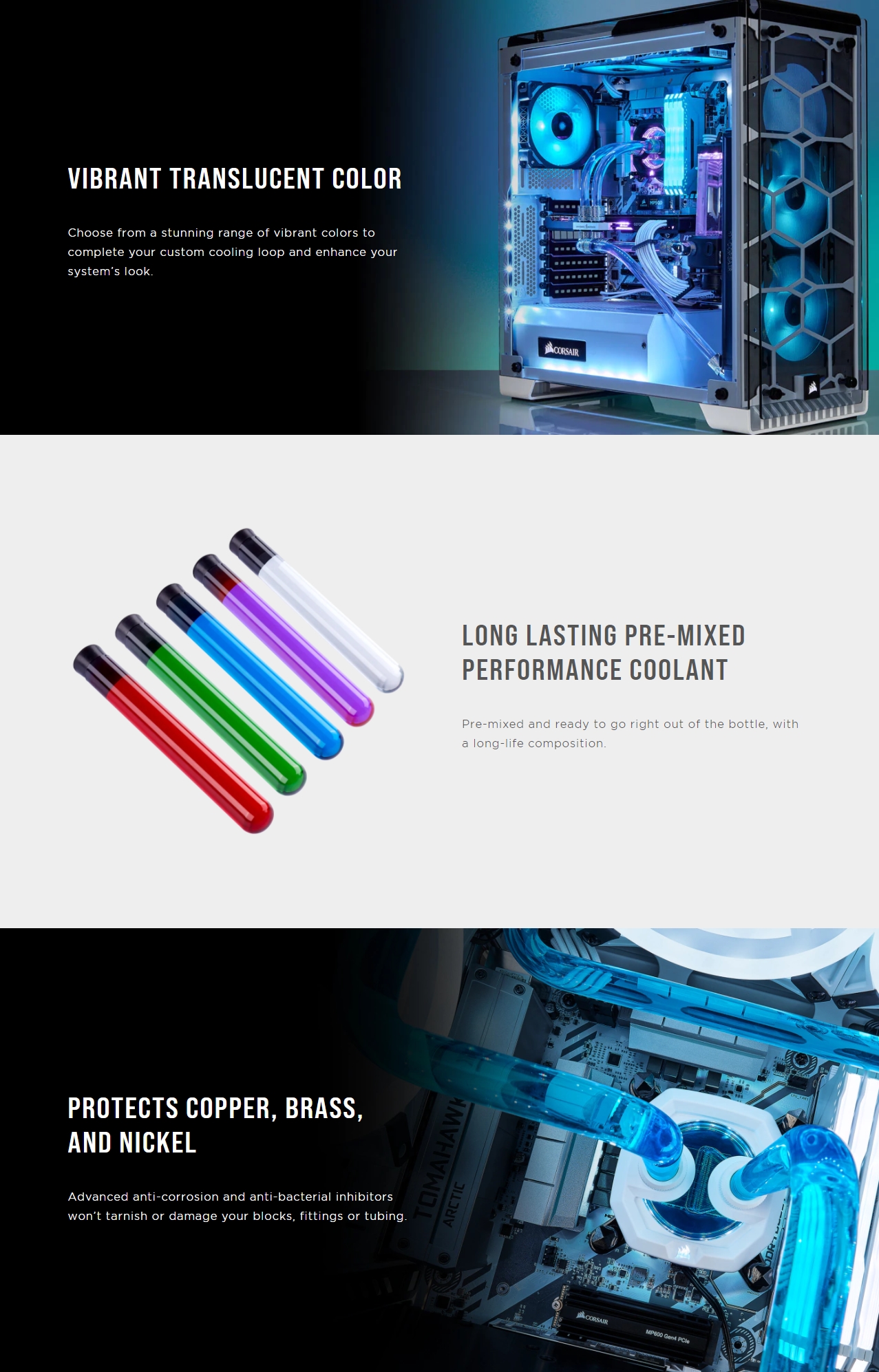 A large marketing image providing additional information about the product Corsair Hydro X Series XL8 Performance Coolant 1L — Red - Additional alt info not provided