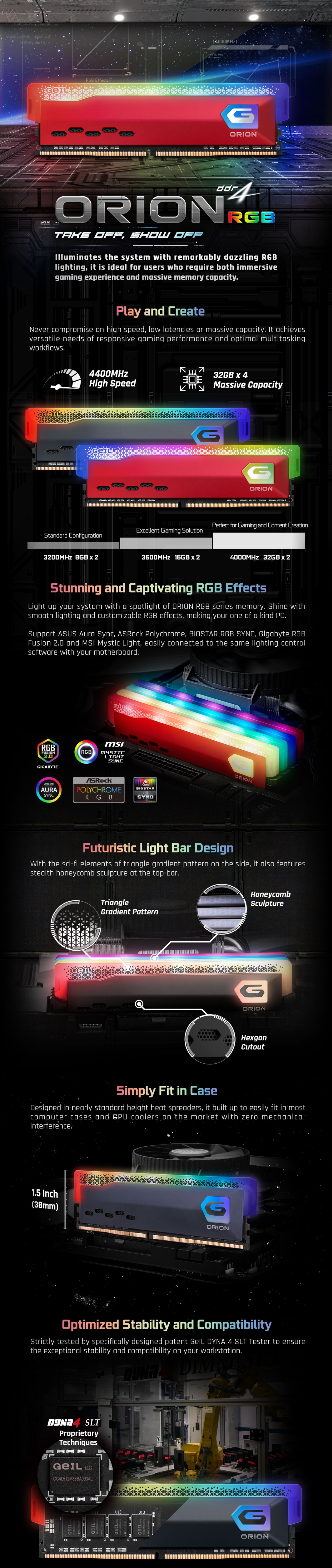 A large marketing image providing additional information about the product GeIL 16GB Kit (2x8GB) DDR4 Orion RGB C16 3000MHz - Grey - Additional alt info not provided