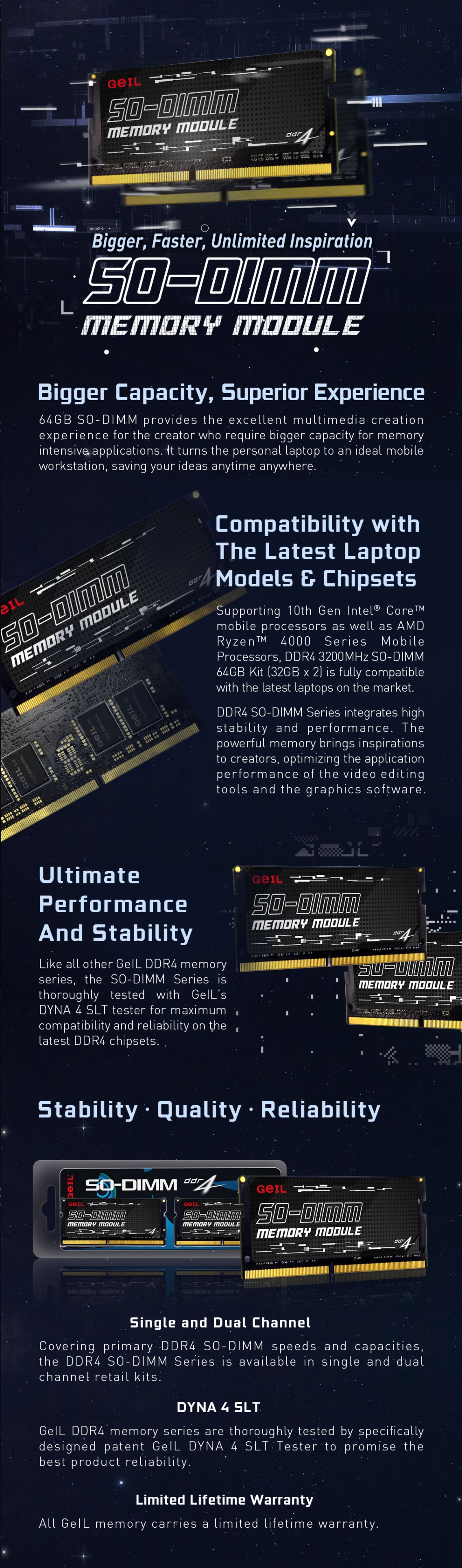 A large marketing image providing additional information about the product GeIL 8GB Single (1x8GB) DDR4 SO-DIMM 1.2V C22 3200MHz - Black - Additional alt info not provided