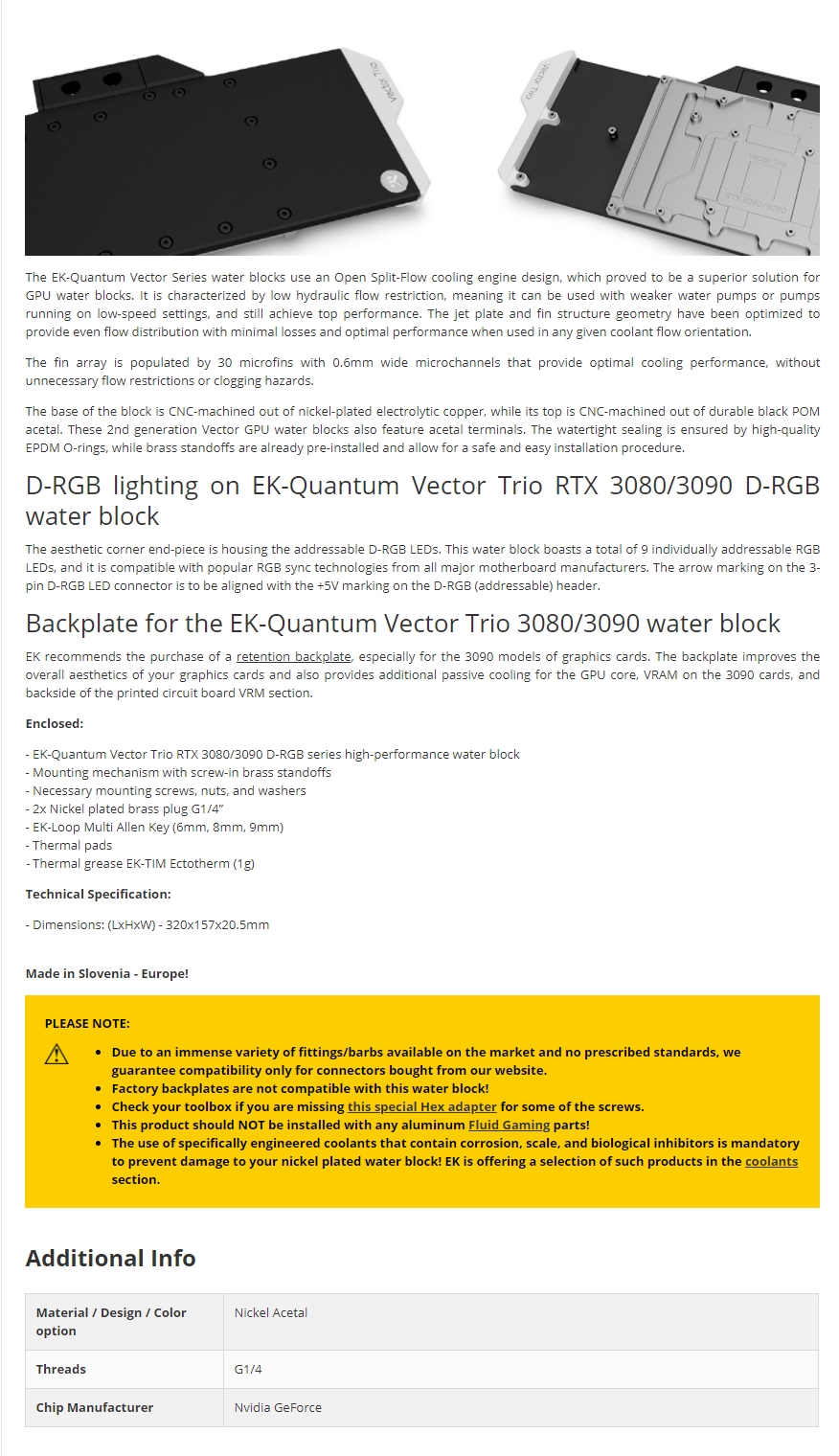 A large marketing image providing additional information about the product EK-Quantum Vector Trio RTX 3080/3090 D-RGB Nickel/Acetal GPU Waterblock - Additional alt info not provided