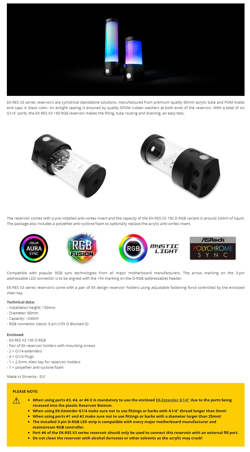 A large marketing image providing additional information about the product EK RES X3 150 D-RGB 150mm Tube Reservoir - Acetal - Additional alt info not provided