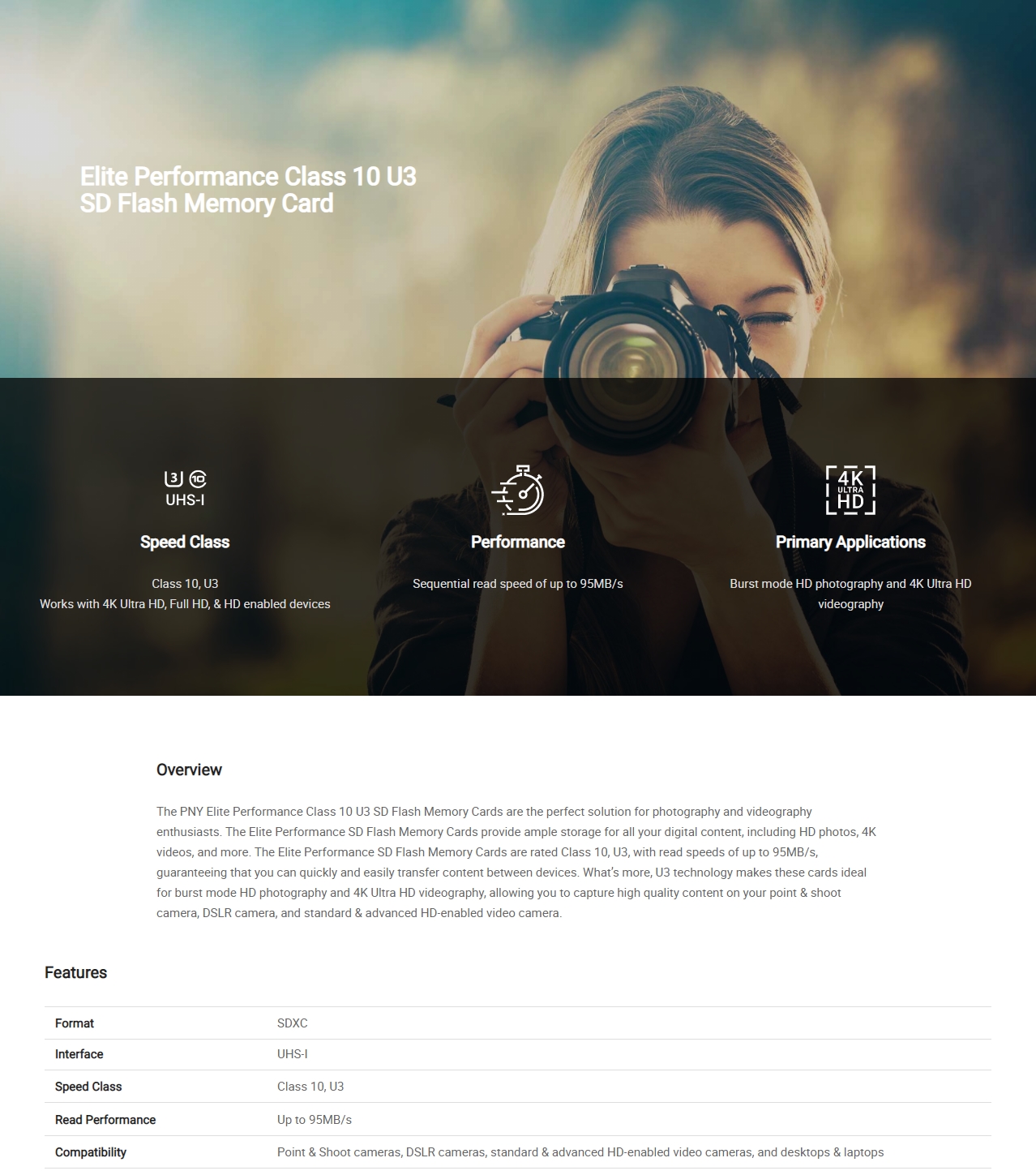 A large marketing image providing additional information about the product PNY 128GB Elite-X Class 10 U3 SD Flash Card - Additional alt info not provided
