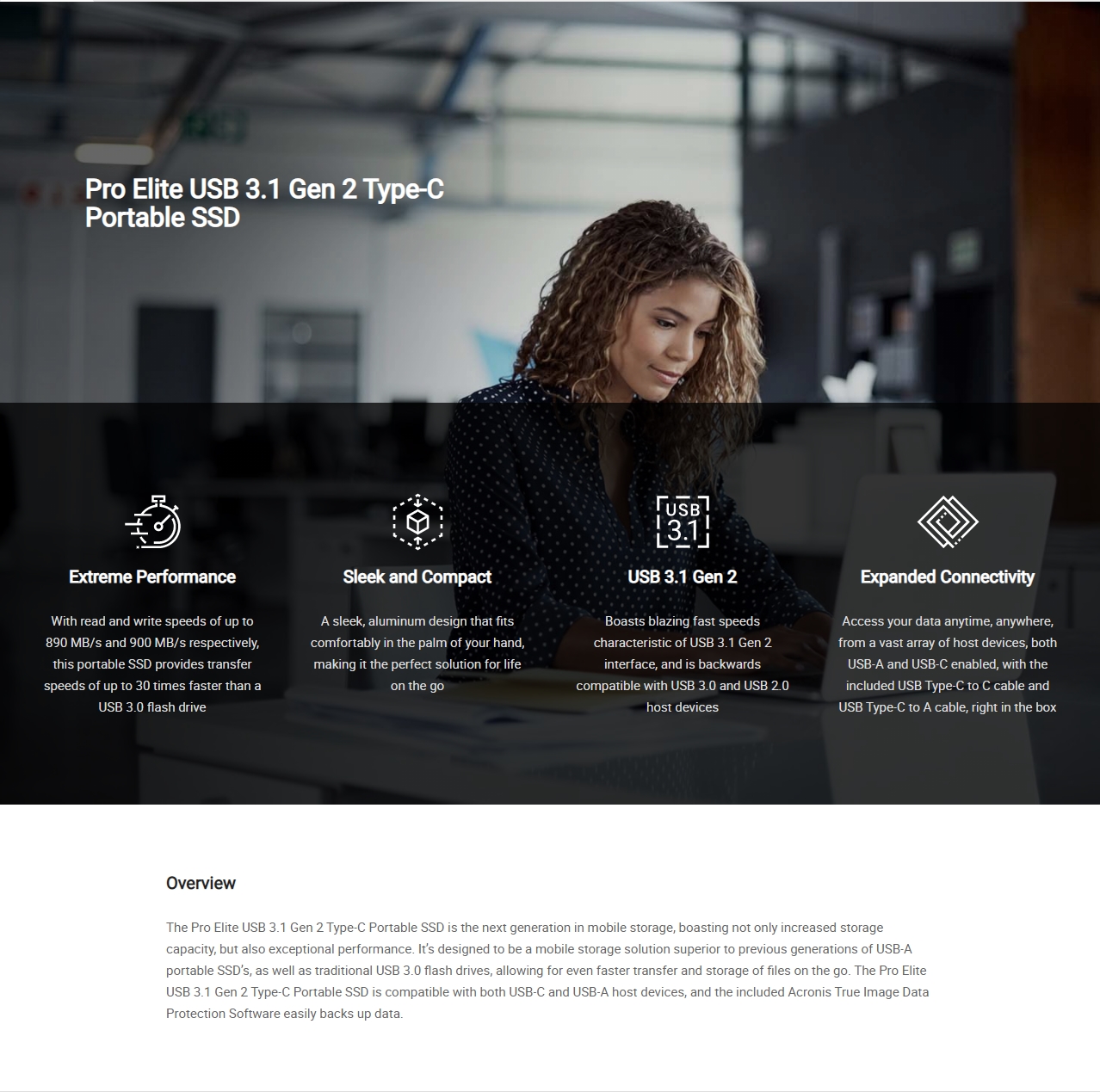 A large marketing image providing additional information about the product PNY 1TB Pro Elite USB 3.1 Gen 2 USB-C Portable SSD - Additional alt info not provided