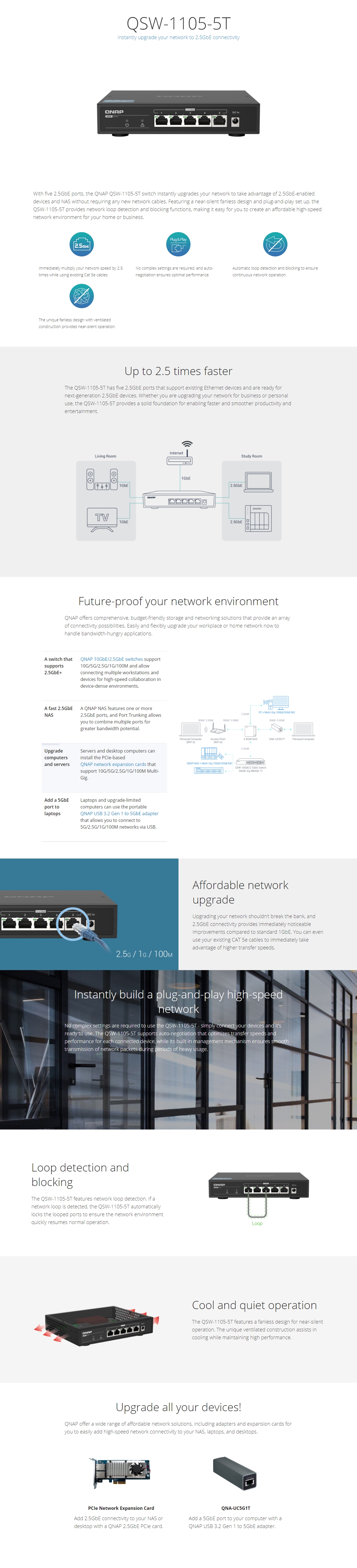 A large marketing image providing additional information about the product QNAP QSW-1105-5T 5 Port 2.5GbE Unmanaged Switch - Additional alt info not provided