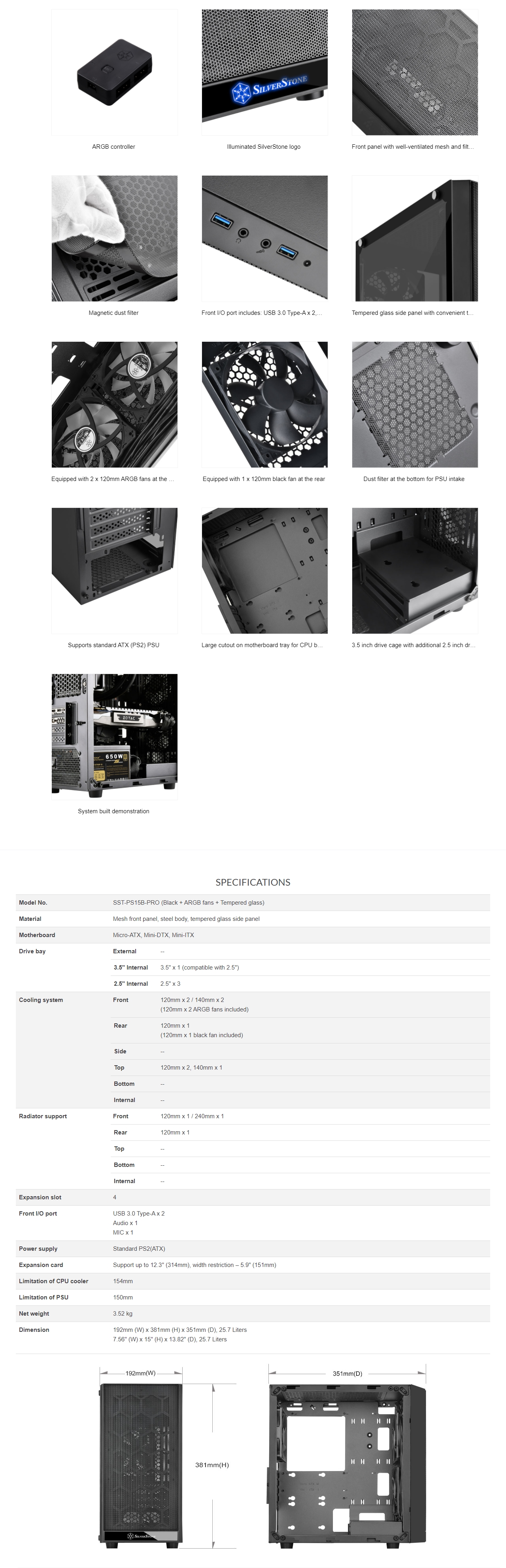 A large marketing image providing additional information about the product SilverStone PS15 Pro ARGB mATX Mid Tower Case - Additional alt info not provided