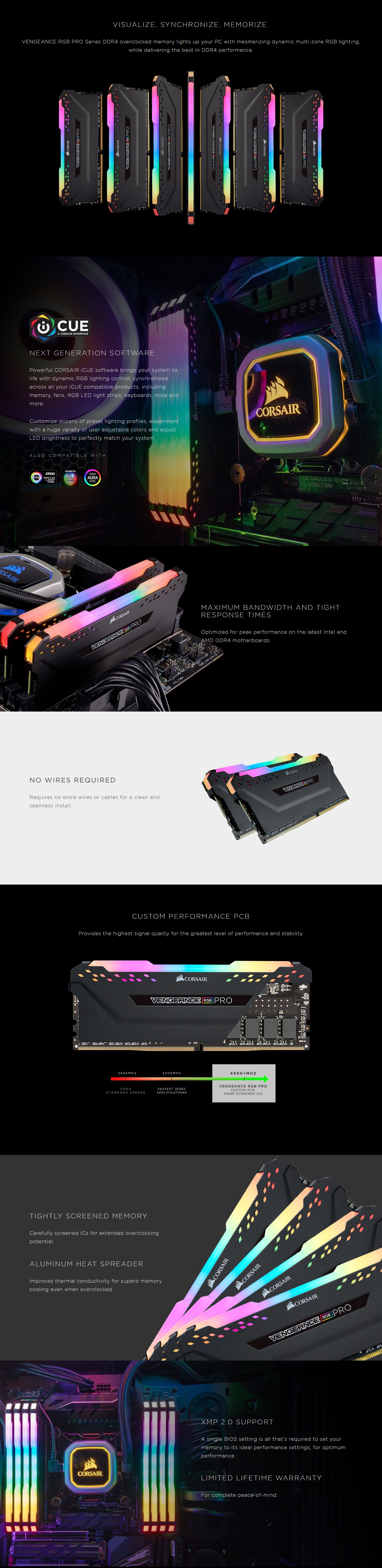 A large marketing image providing additional information about the product Corsair 32GB Kit (2x16GB) DDR4 Vengeance RGB Pro C18 3600MHz Ryzen Optimized - Black - Additional alt info not provided
