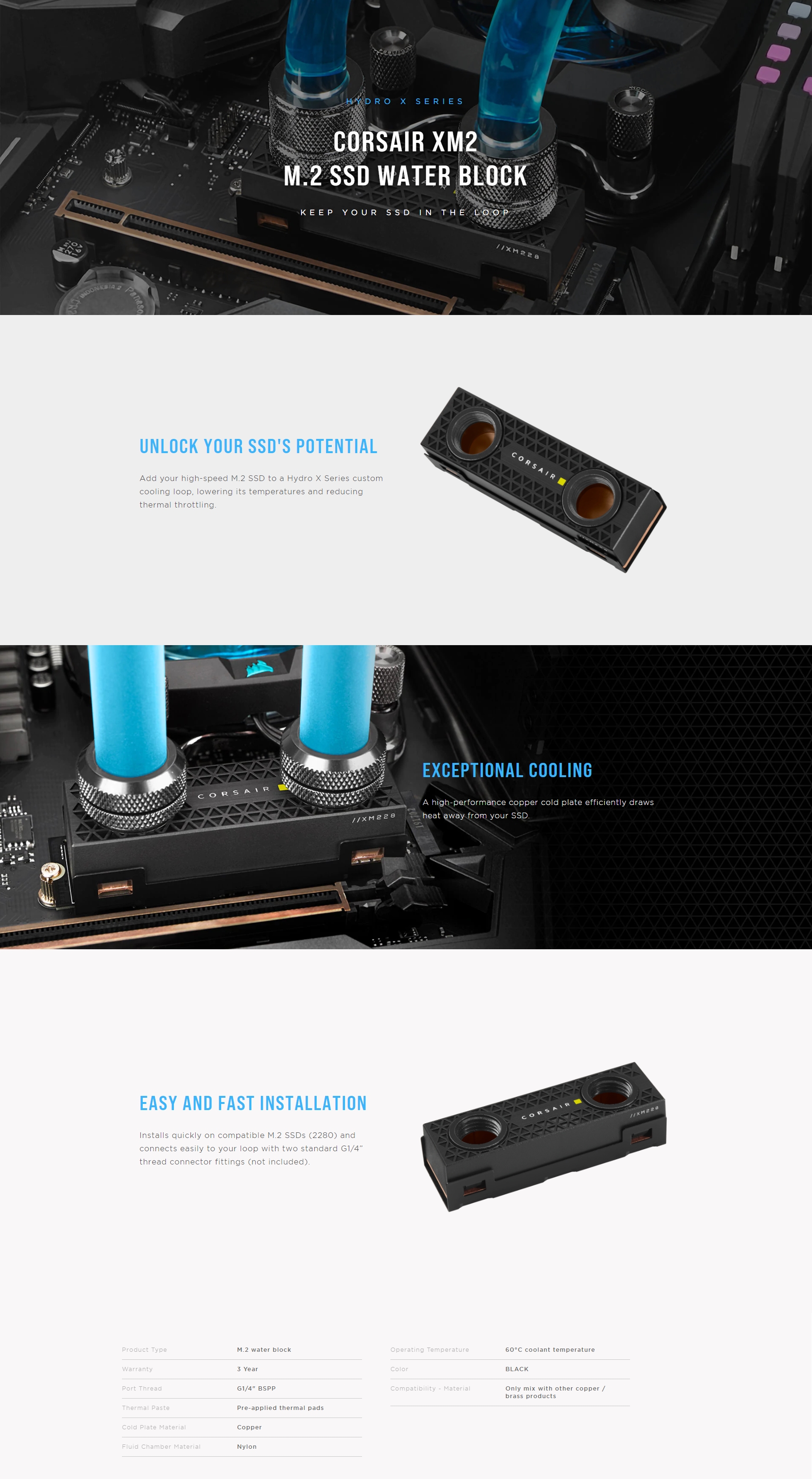 A large marketing image providing additional information about the product Corsair Hydro X Series XM2 M.2 SSD Water Block (2280) - Additional alt info not provided