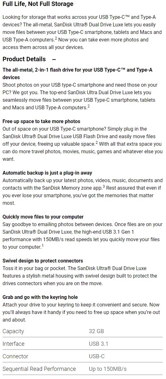 A large marketing image providing additional information about the product SanDisk Ultra Dual Drive Luxe USB Type-C Flash Drive 32GB - Additional alt info not provided