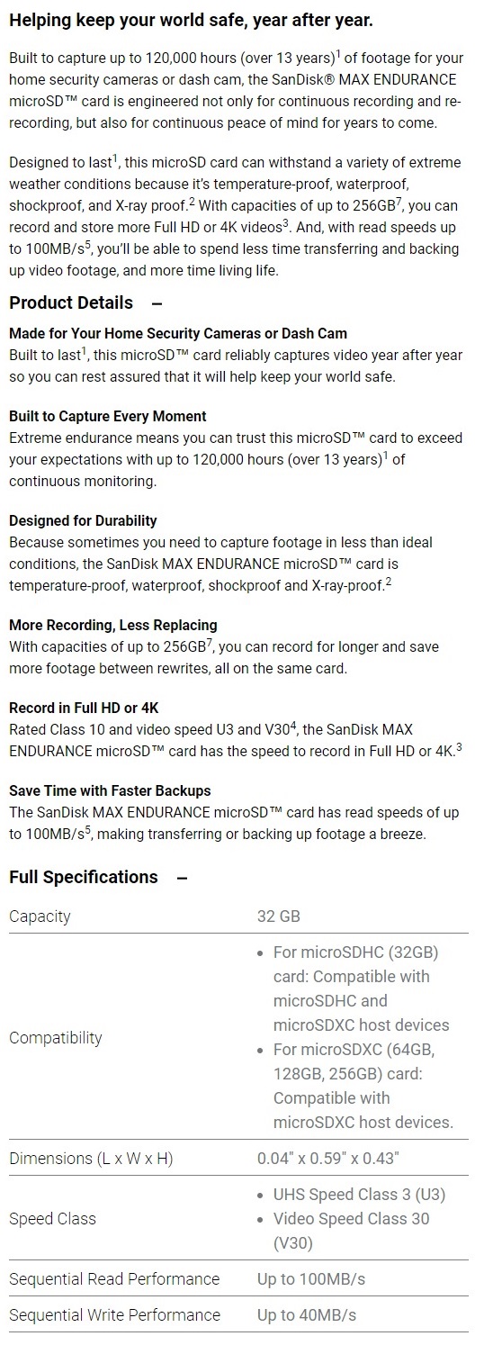 A large marketing image providing additional information about the product SanDisk MAX ENDURANCE UHS Class 3 microSD Card 32GB - Additional alt info not provided