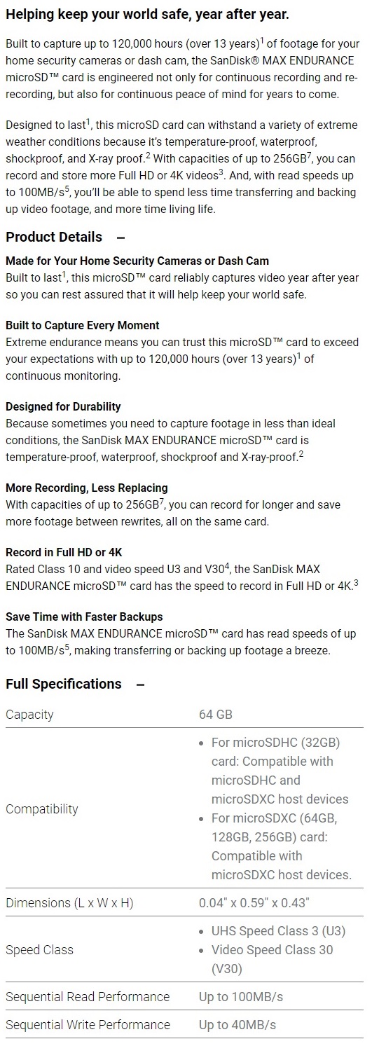 A large marketing image providing additional information about the product SanDisk MAX ENDURANCE UHS Class 3 microSD Card 64GB - Additional alt info not provided