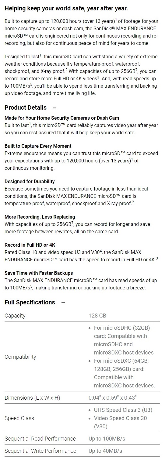 A large marketing image providing additional information about the product SanDisk MAX ENDURANCE UHS Class 3 microSD Card 128GB - Additional alt info not provided