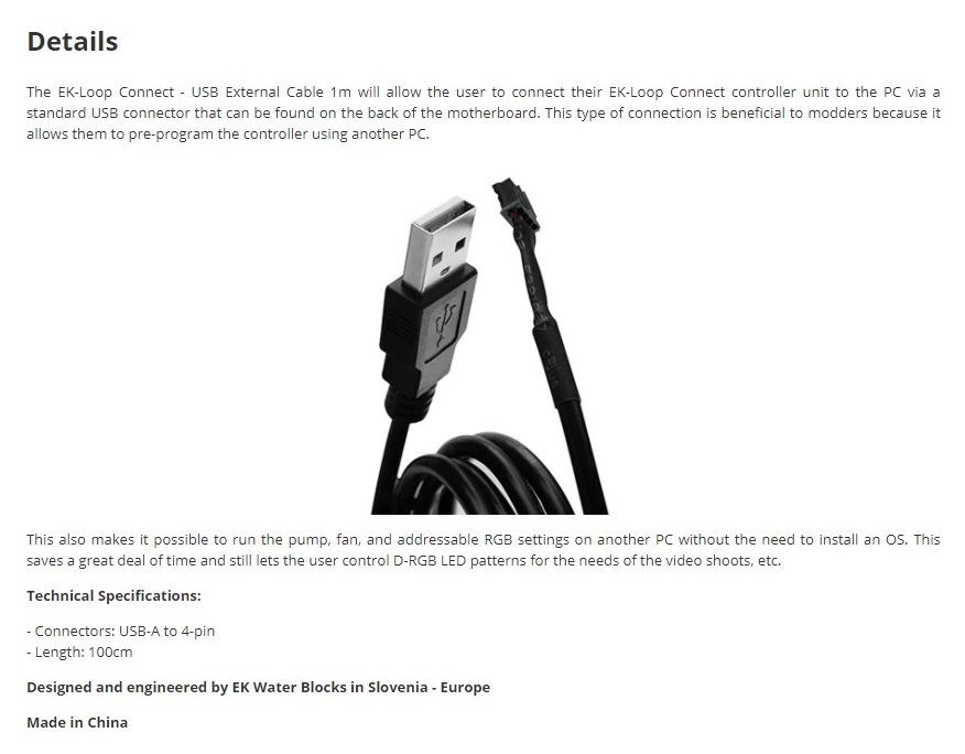 A large marketing image providing additional information about the product EK Loop Connect - USB External Cable 1m - Additional alt info not provided