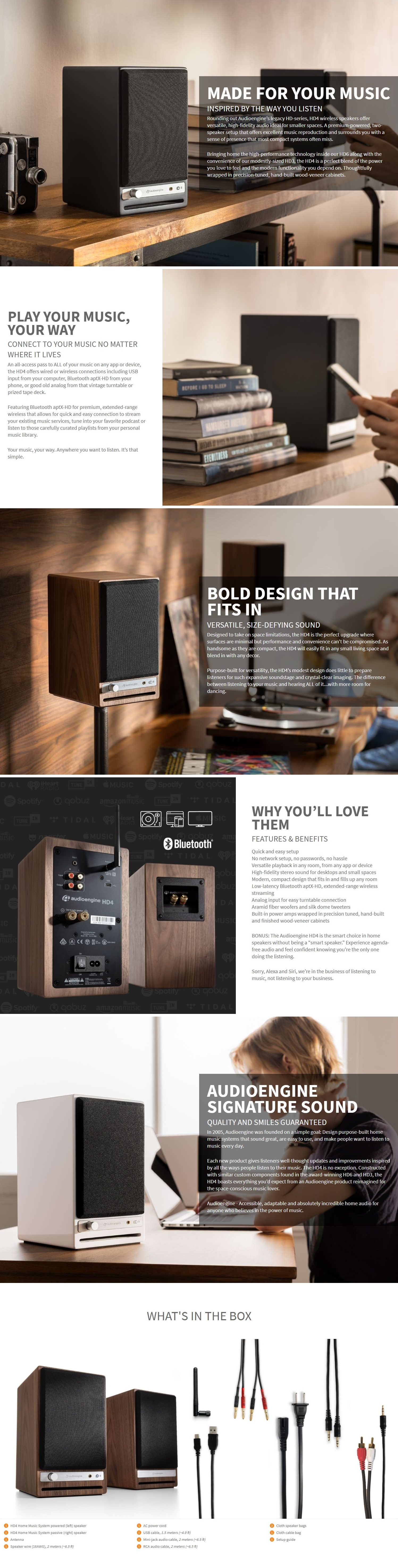 A large marketing image providing additional information about the product Audioengine HD4 Powered Wireless Desktop Speakers - Satin Black - Additional alt info not provided
