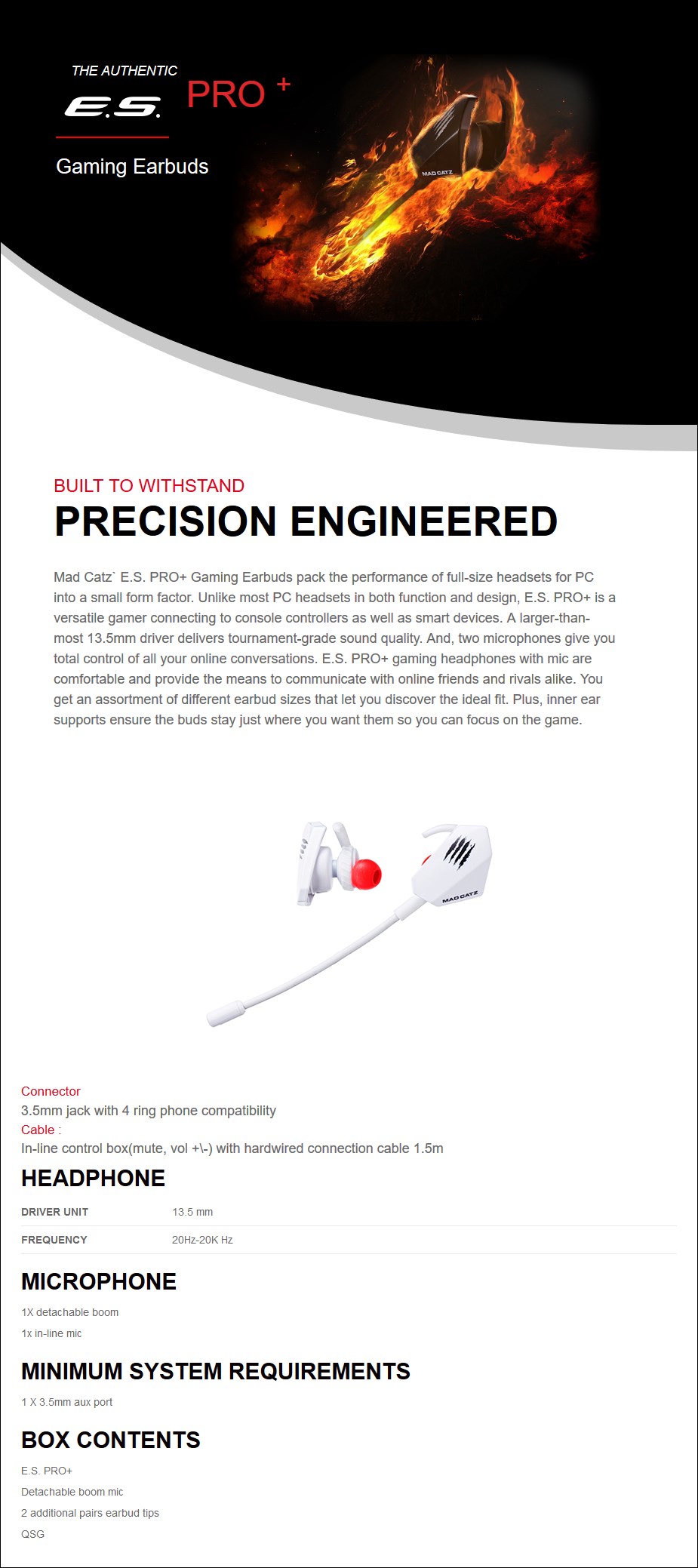A large marketing image providing additional information about the product Mad Catz E.S. PRO+ Gaming Earbuds White - Additional alt info not provided