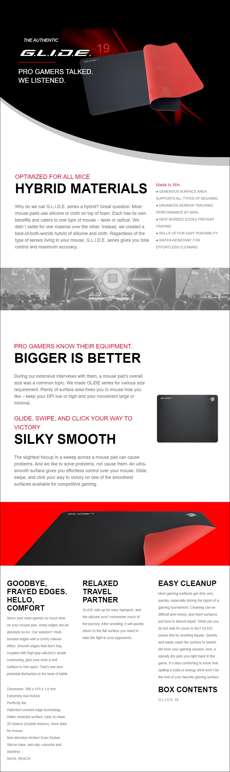 A large marketing image providing additional information about the product Mad Catz G.L.I.D.E 19 Gaming Surface - Additional alt info not provided