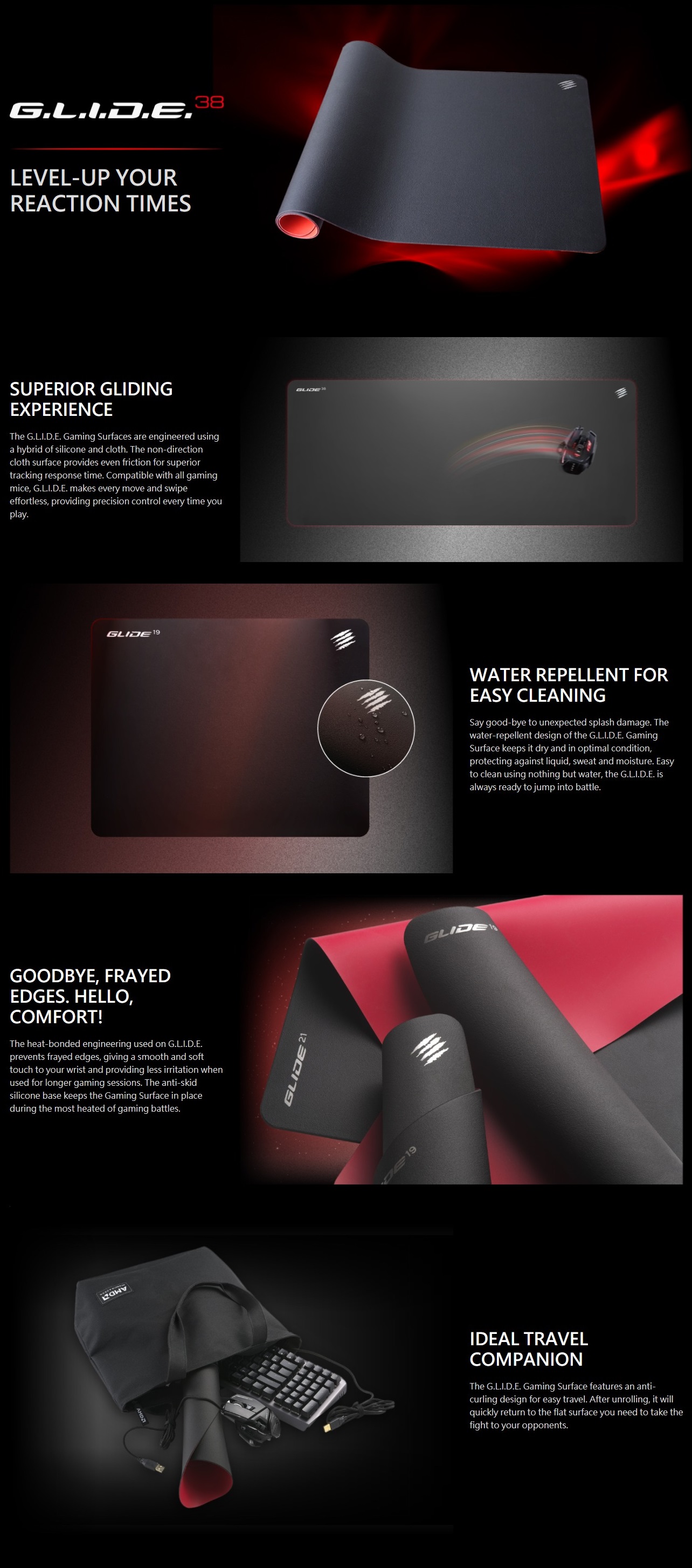 A large marketing image providing additional information about the product Mad Catz G.L.I.D.E 38 Gaming Surface - Additional alt info not provided