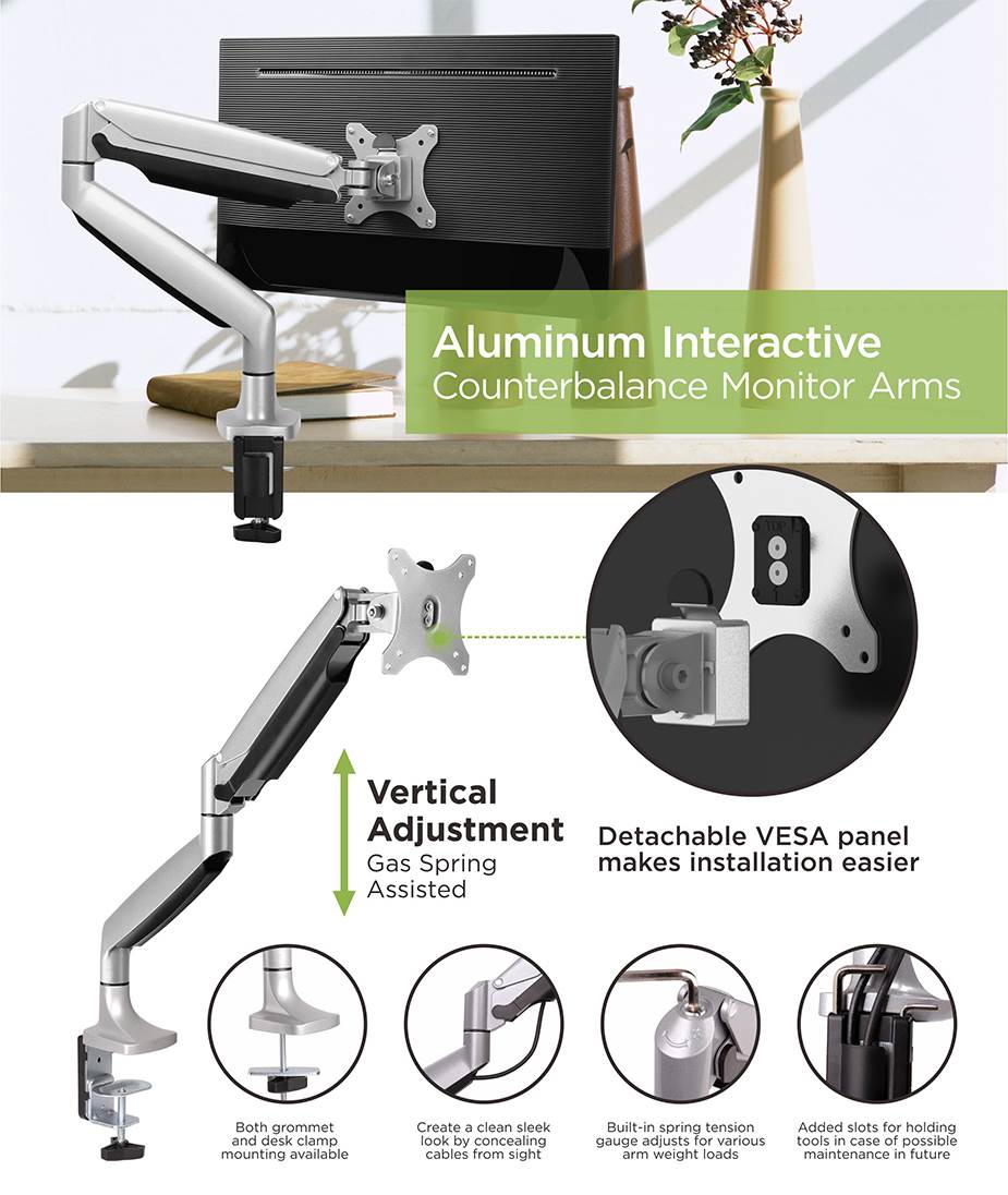 A large marketing image providing additional information about the product Brateck Aluminium Counterbalance Single Monitor Arm 13"-32" - Additional alt info not provided