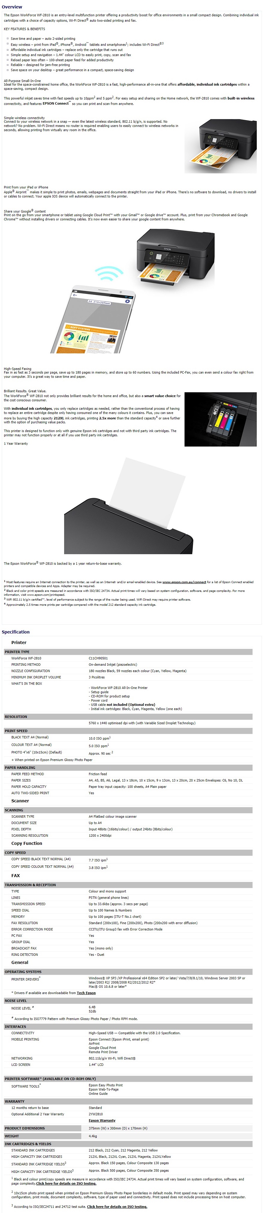 A large marketing image providing additional information about the product Epson WorkForce A4 WF-2810 Multifunction Wireless Printer - Additional alt info not provided
