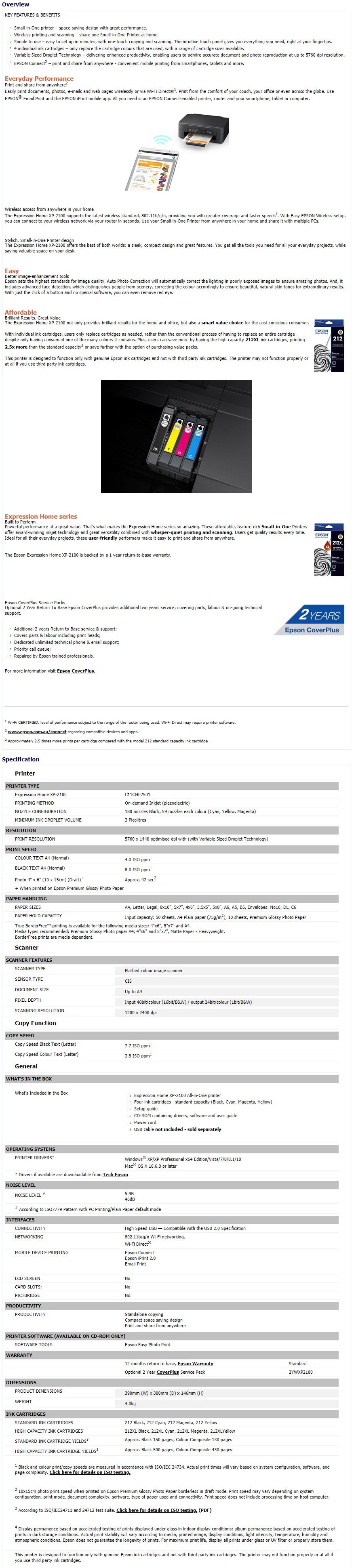 A large marketing image providing additional information about the product Epson Expression Home XP-2100 Multifunction Wireless Printer - Additional alt info not provided