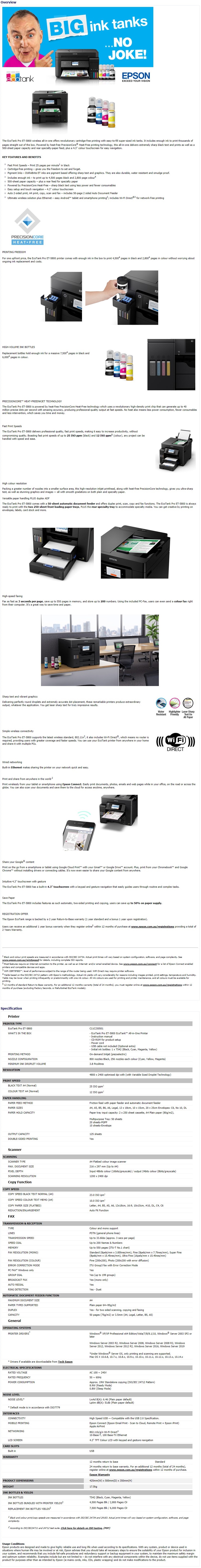 A large marketing image providing additional information about the product Epson WorkForce EcoTank ET-5800 Multifunction Wireless Printer - Additional alt info not provided