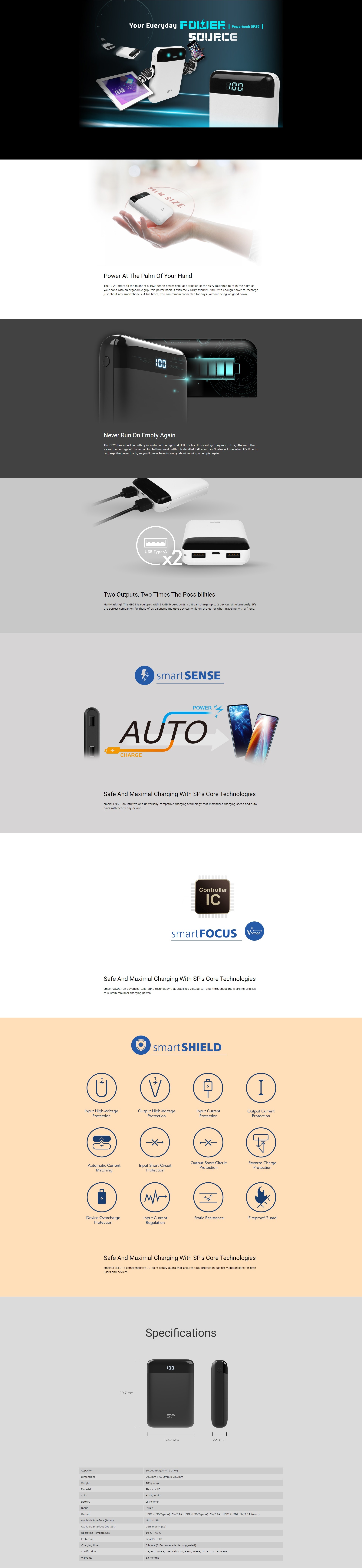 A large marketing image providing additional information about the product Silicon Power GP25 10,000mAh Power Bank - Additional alt info not provided