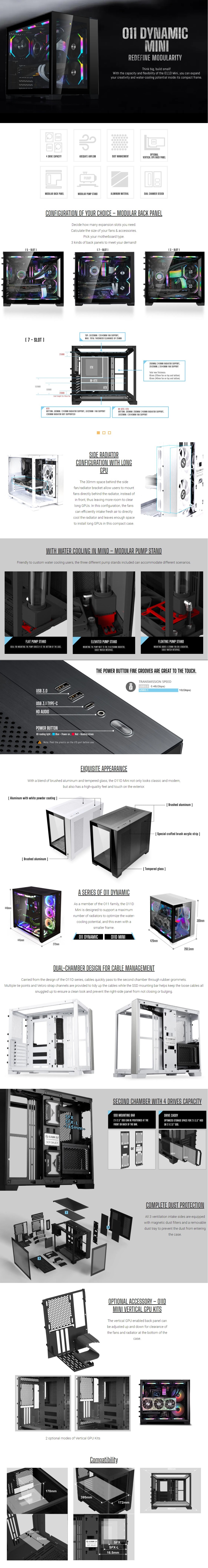 A large marketing image providing additional information about the product Lian Li O11 Dynamic Mini Mid Tower Case - Snow White - Additional alt info not provided