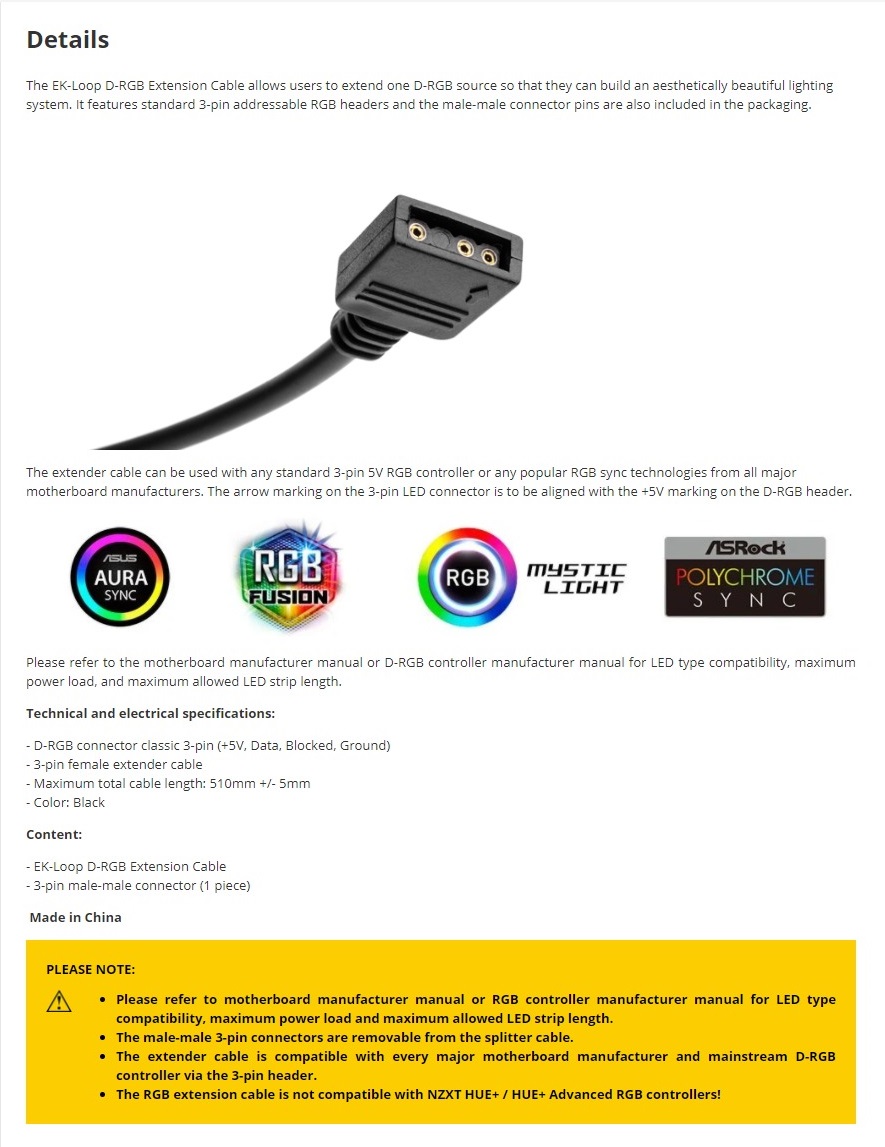 A large marketing image providing additional information about the product EK Loop D-RGB Extension Cable (510mm) - Additional alt info not provided