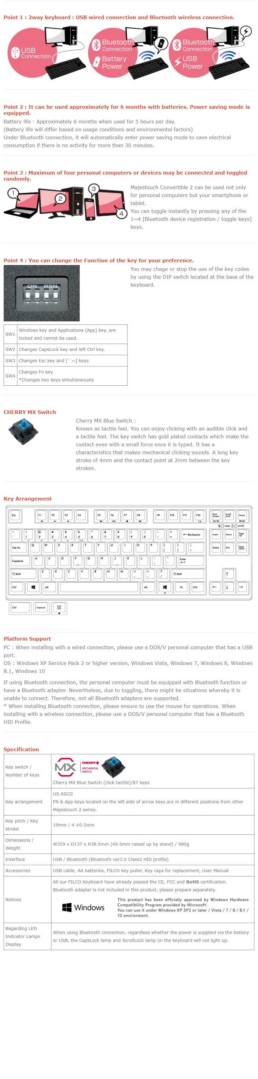 A large marketing image providing additional information about the product Filco Majestouch Convertible Bluetooth/USB TKL Mehcanical Keyboard (MX Blue) - Additional alt info not provided