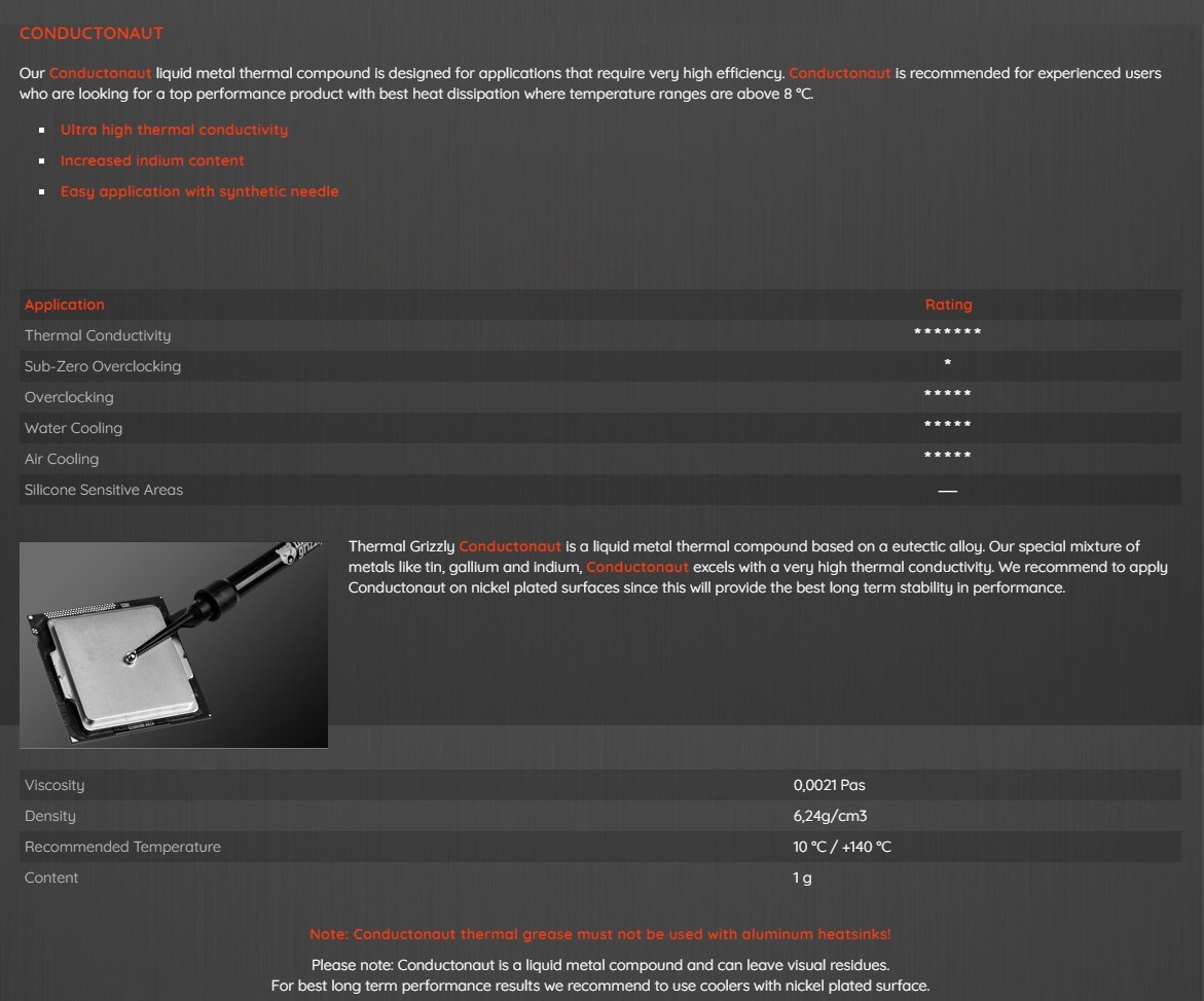 A large marketing image providing additional information about the product Thermal Grizzly Conductonaut Liquid Metal - 1 g - Additional alt info not provided