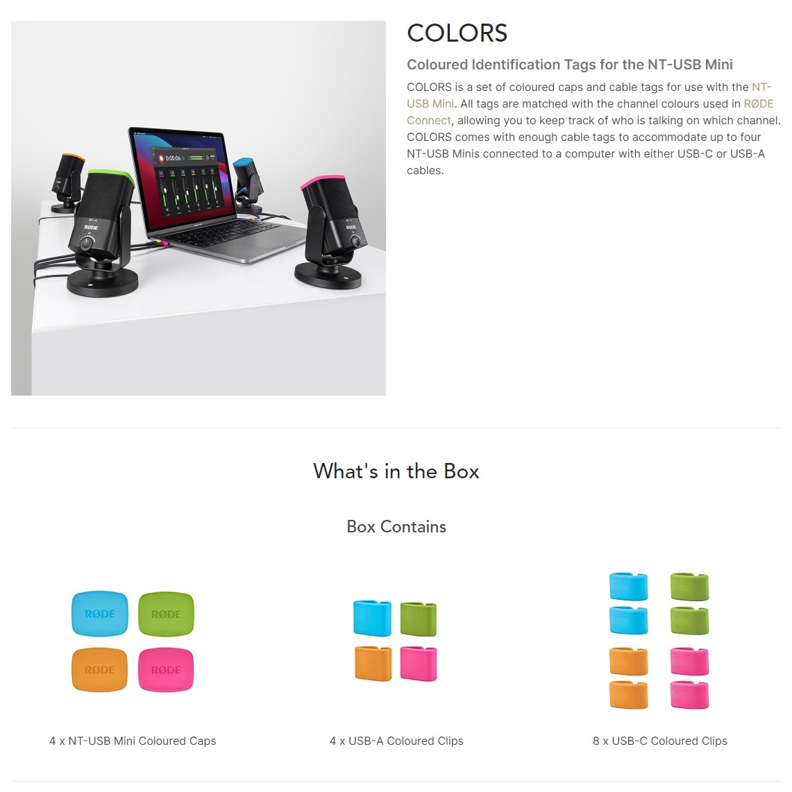 A large marketing image providing additional information about the product RODE COLORS 1 Coloured Identification Tags for the NT-USB Mini - Additional alt info not provided