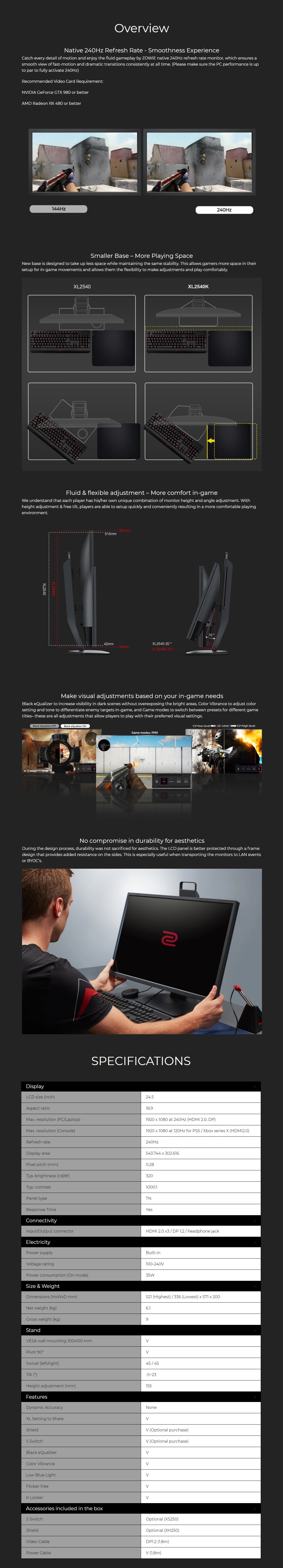 A large marketing image providing additional information about the product BenQ ZOWIE XL2540K 24.5" FHD 240Hz 1MS TN LED Gaming Monitor - Additional alt info not provided