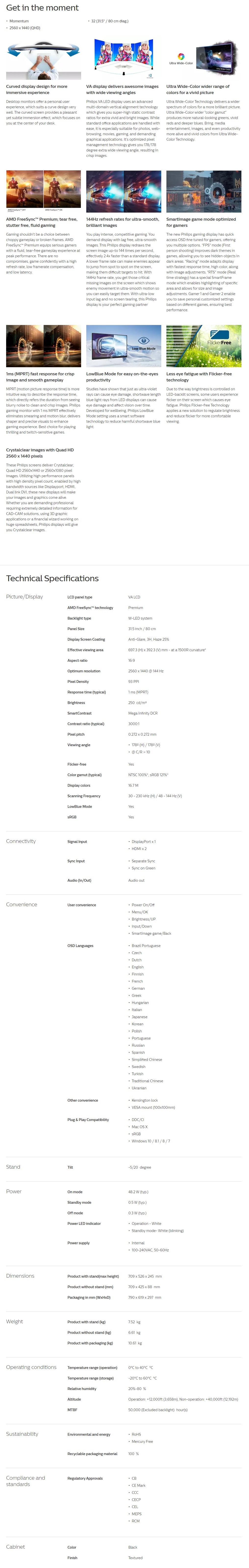 A large marketing image providing additional information about the product Philips 325M8C/75 31.5" Curved QHD FreeSync Premium 144Hz 1MS VA LED Gaming Monitor - Additional alt info not provided