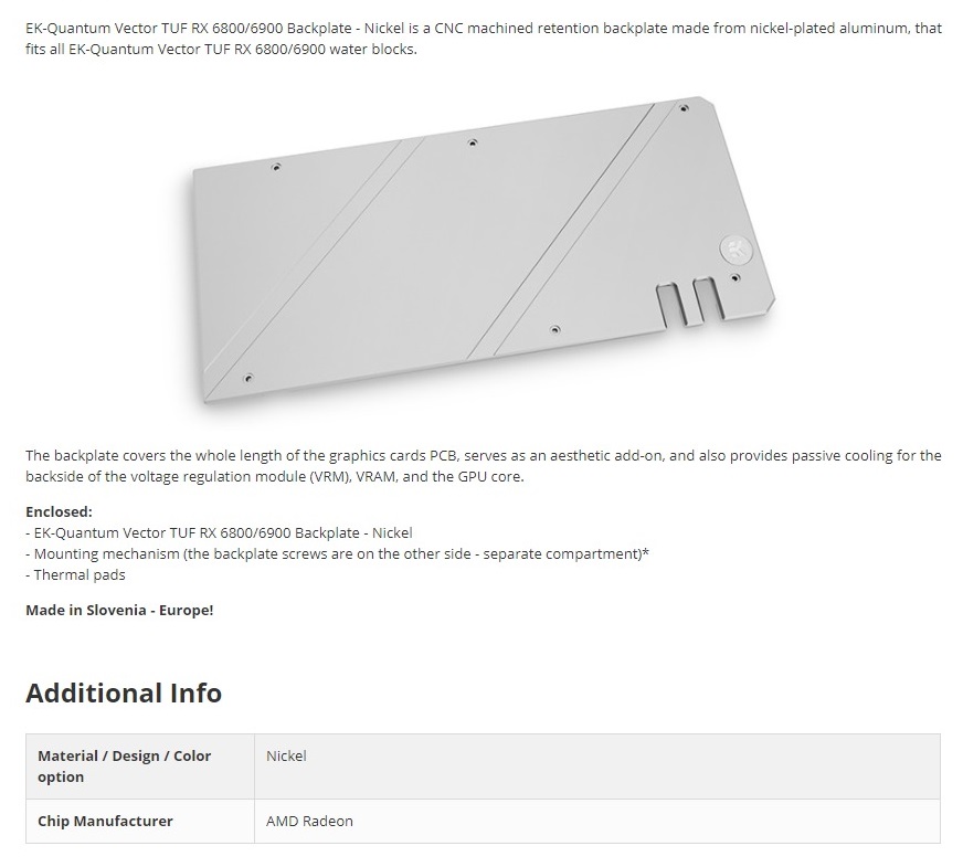A large marketing image providing additional information about the product EK Quantum Vector TUF RX 6800/6900 Backplate - Nickel - Additional alt info not provided