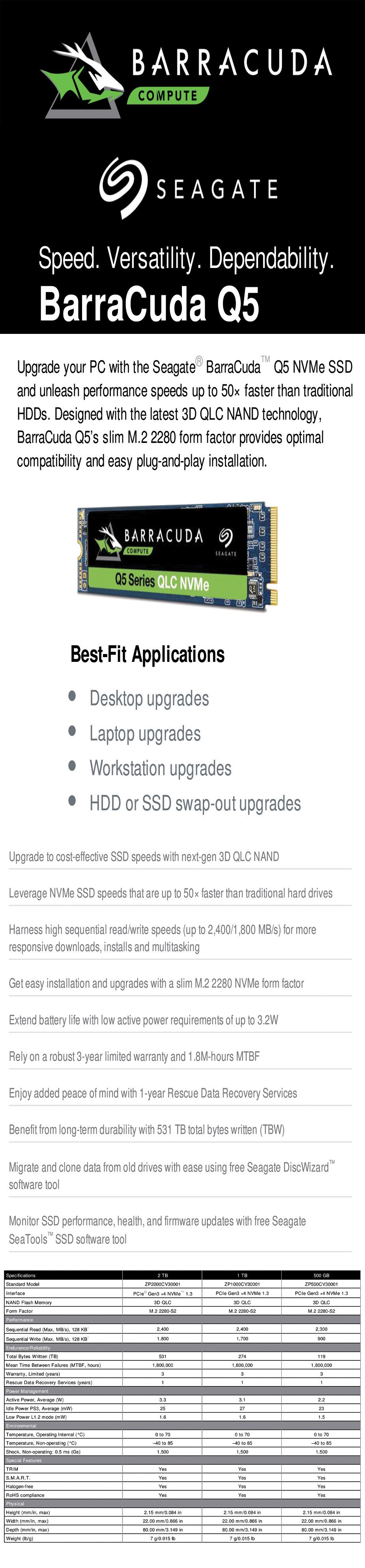 A large marketing image providing additional information about the product Seagate BarraCuda Q5 500GB PCIe NVMe M.2 SSD - Additional alt info not provided