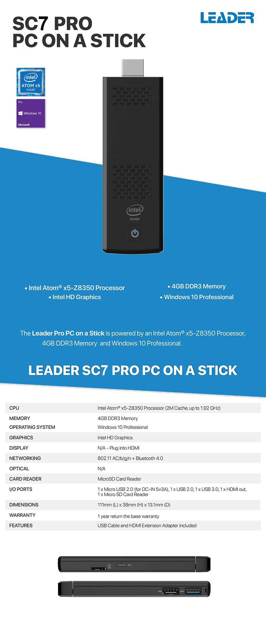 A large marketing image providing additional information about the product Leader PC-On-a-Stick SC7 PRO Windows 10 Pro PC - Additional alt info not provided