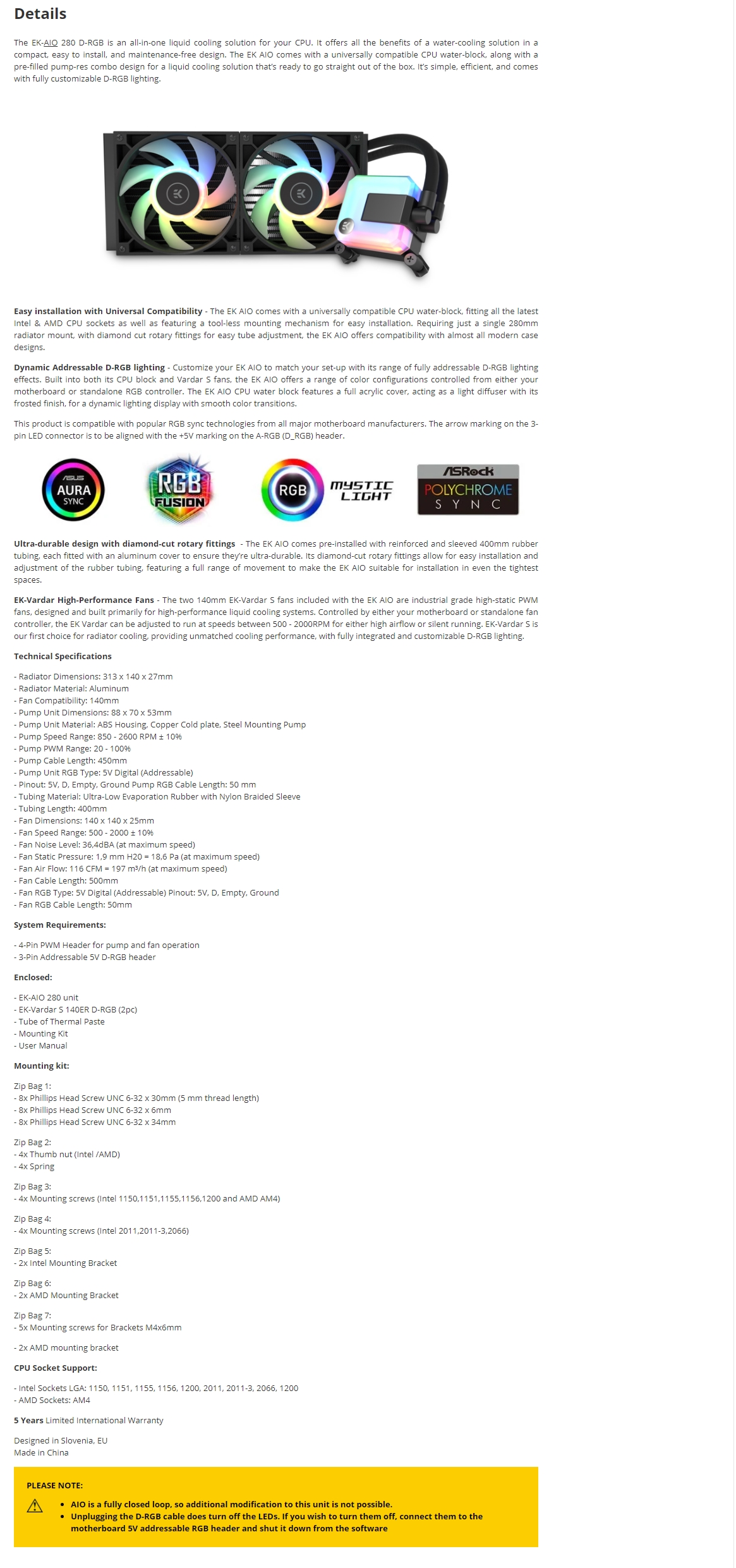 A large marketing image providing additional information about the product EK AIO 280 D-RGB AIO Liquid CPU Cooler - Additional alt info not provided