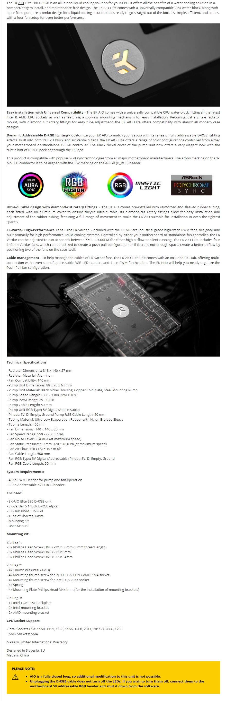 A large marketing image providing additional information about the product EK AIO 280 Elite D-RGB AIO Liquid CPU Cooler - Additional alt info not provided