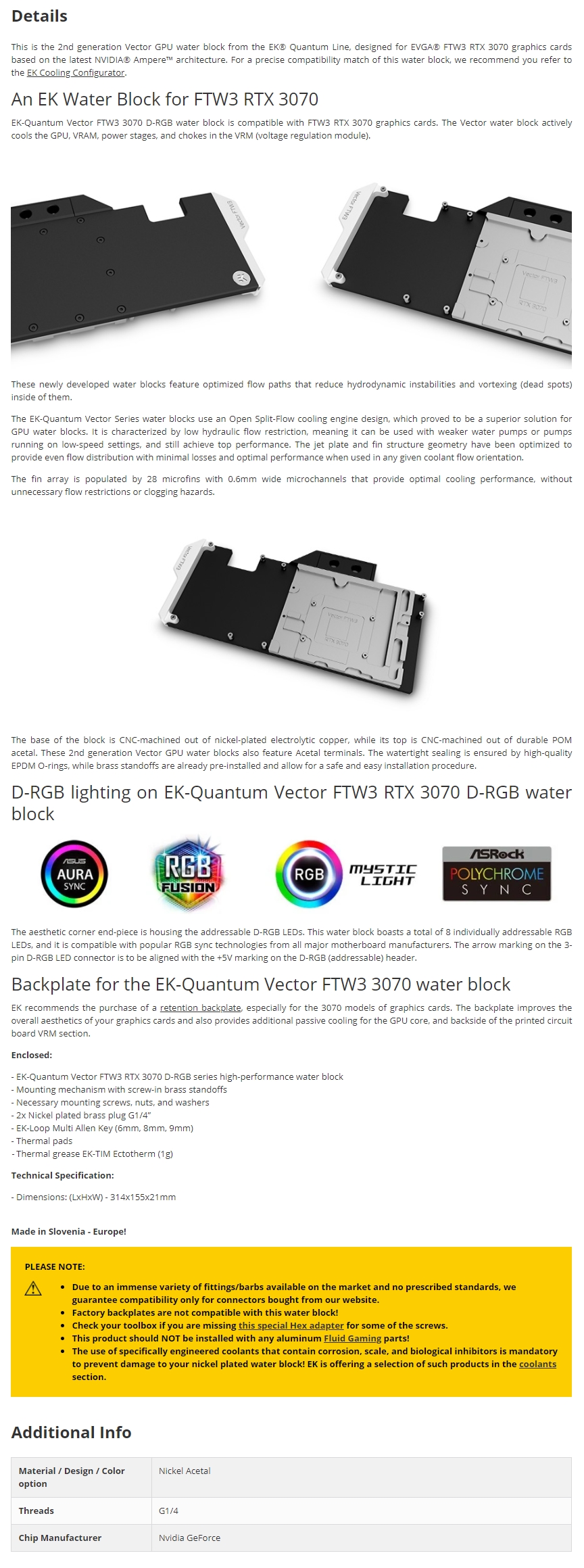 A large marketing image providing additional information about the product EK Quantum Vector FTW3 RTX 3070 D-RGB Nickel Acetal GPU Waterblock - Additional alt info not provided